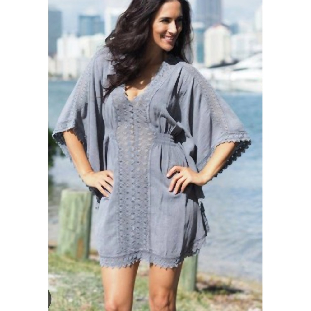 Cotton Natural Butterfly Cover Up Womens L Gray Kaftan Crochet Lace V-Neck Boho